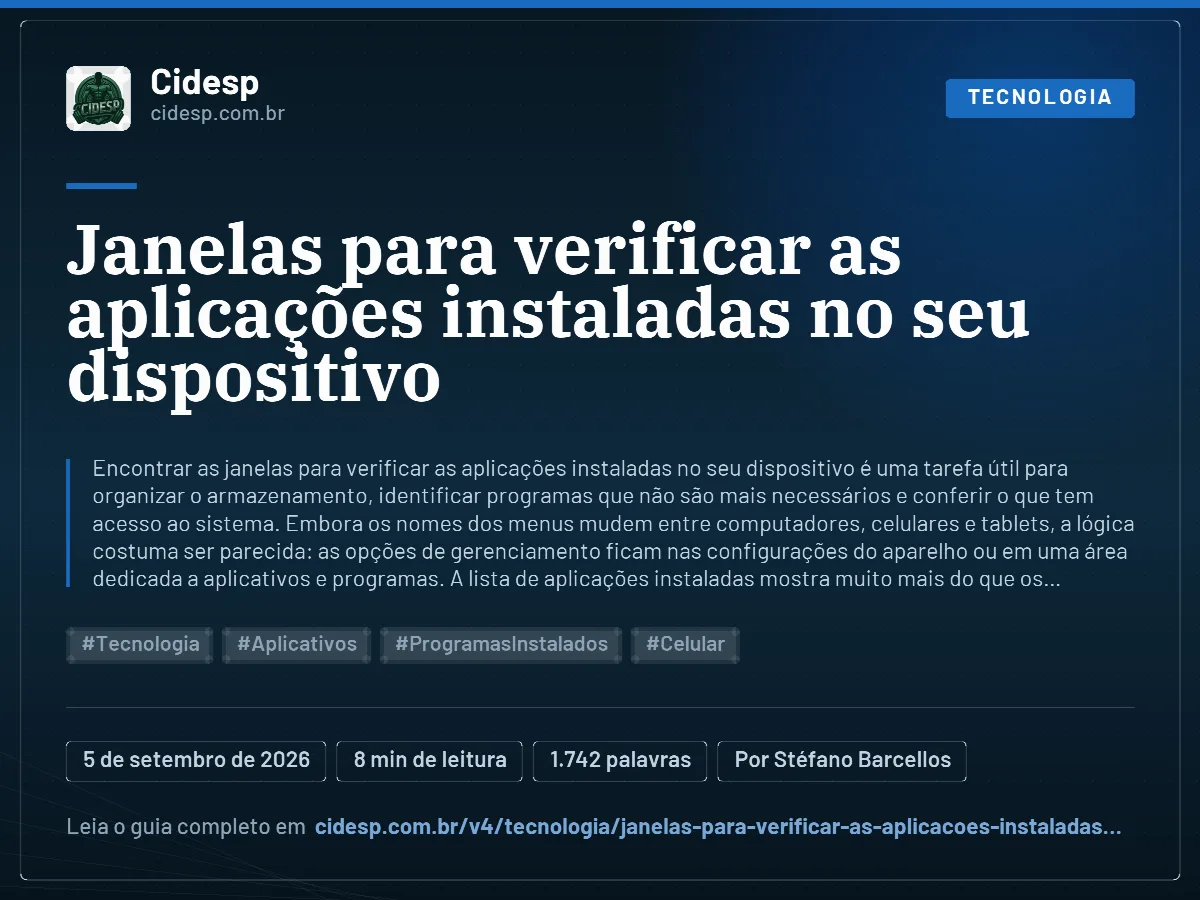 Cartão do artigo “Janelas para verificar as aplicações instaladas no seu dispositivo”, com resumo, data de publicação e endereço da página.