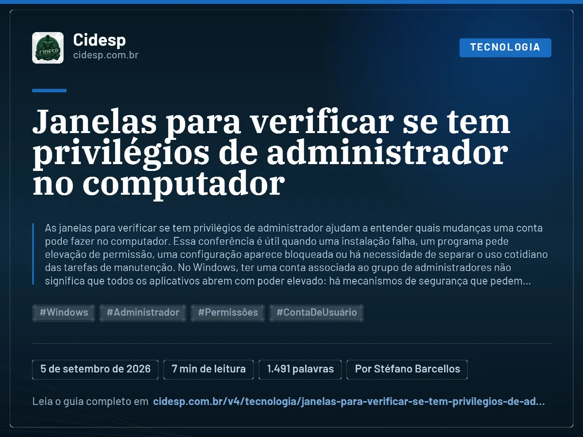 Cartão do artigo “Janelas para verificar se tem privilégios de administrador no computador”, com resumo, data de publicação e endereço da página.