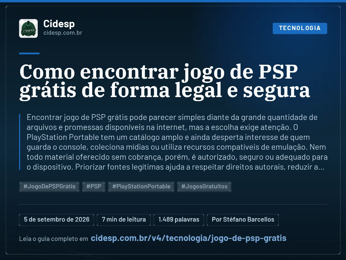 Cartão do artigo “Como encontrar jogo de PSP grátis de forma legal e segura”, com resumo, data de publicação e endereço da página.
