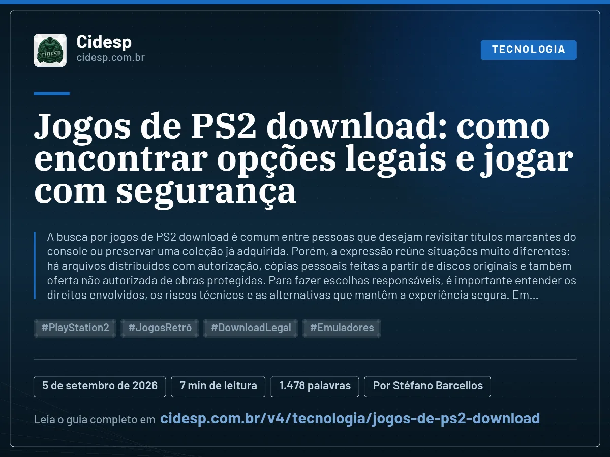 Cartão do artigo “Jogos de PS2 download: como encontrar opções legais e jogar com segurança”, com resumo, data de publicação e endereço da página.