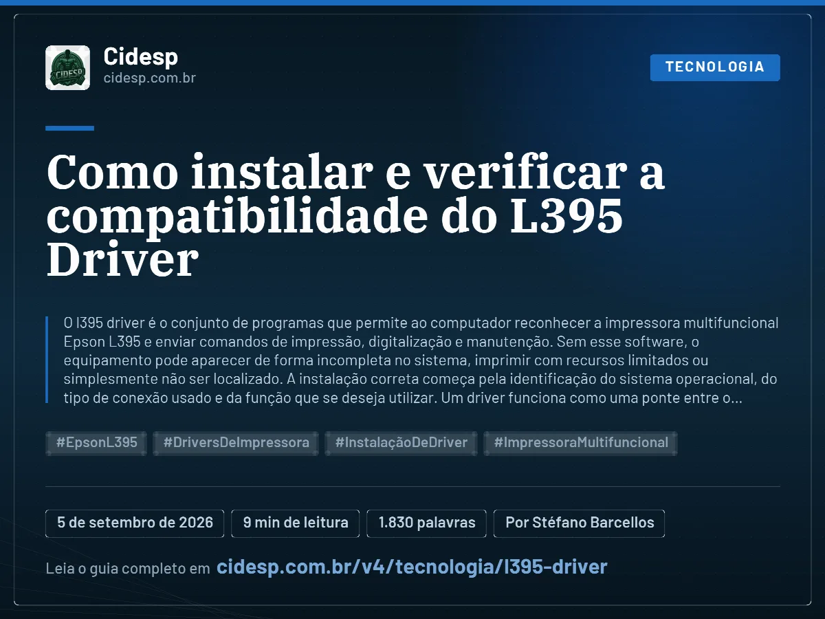 Cartão do artigo “Como instalar e verificar a compatibilidade do L395 Driver”, com resumo, data de publicação e endereço da página.