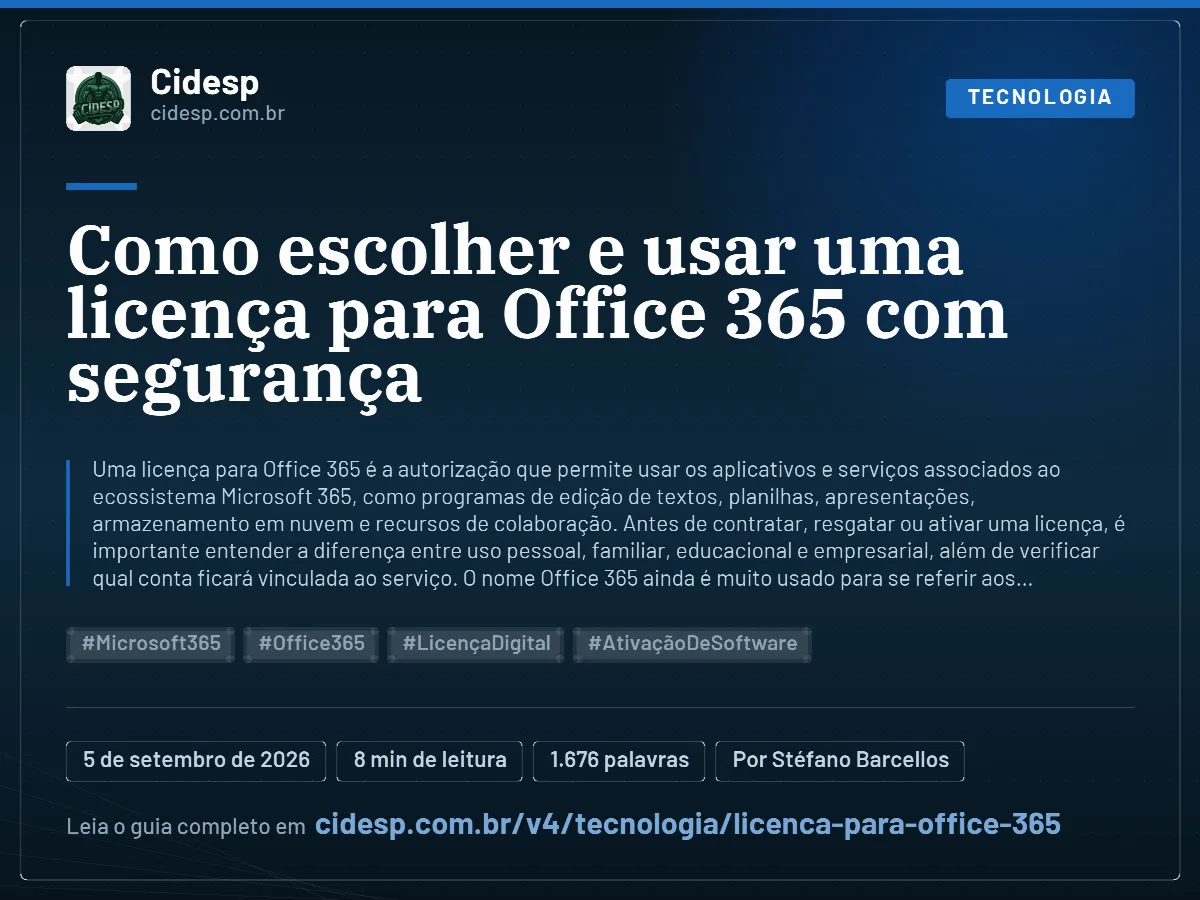 Cartão do artigo “Como escolher e usar uma licença para Office 365 com segurança”, com resumo, data de publicação e endereço da página.