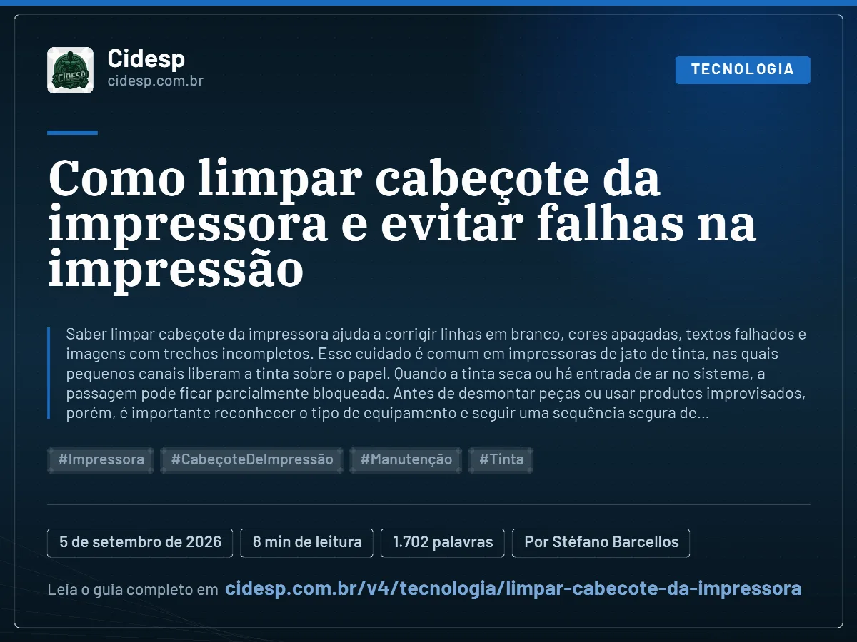 Cartão do artigo “Como limpar cabeçote da impressora e evitar falhas na impressão”, com resumo, data de publicação e endereço da página.