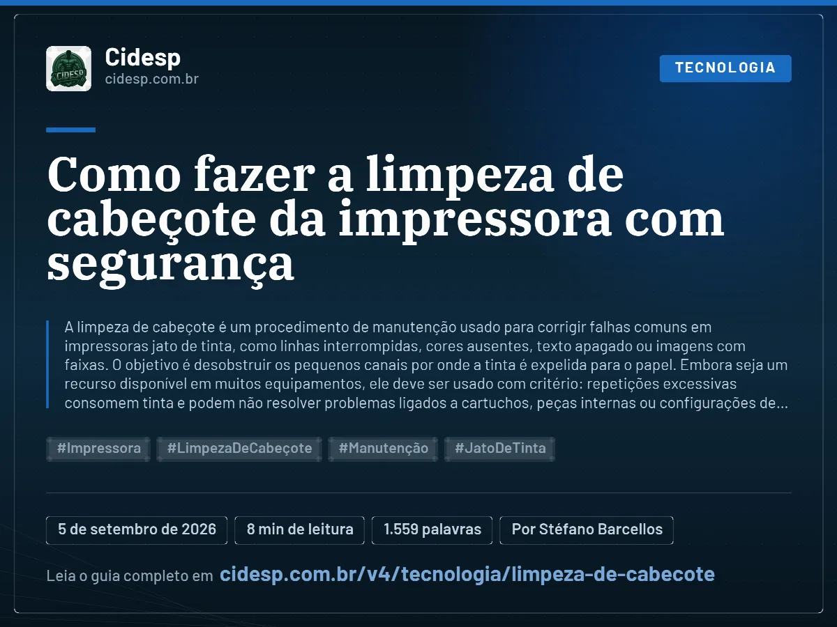 Cartão do artigo “Como fazer a limpeza de cabeçote da impressora com segurança”, com resumo, data de publicação e endereço da página.