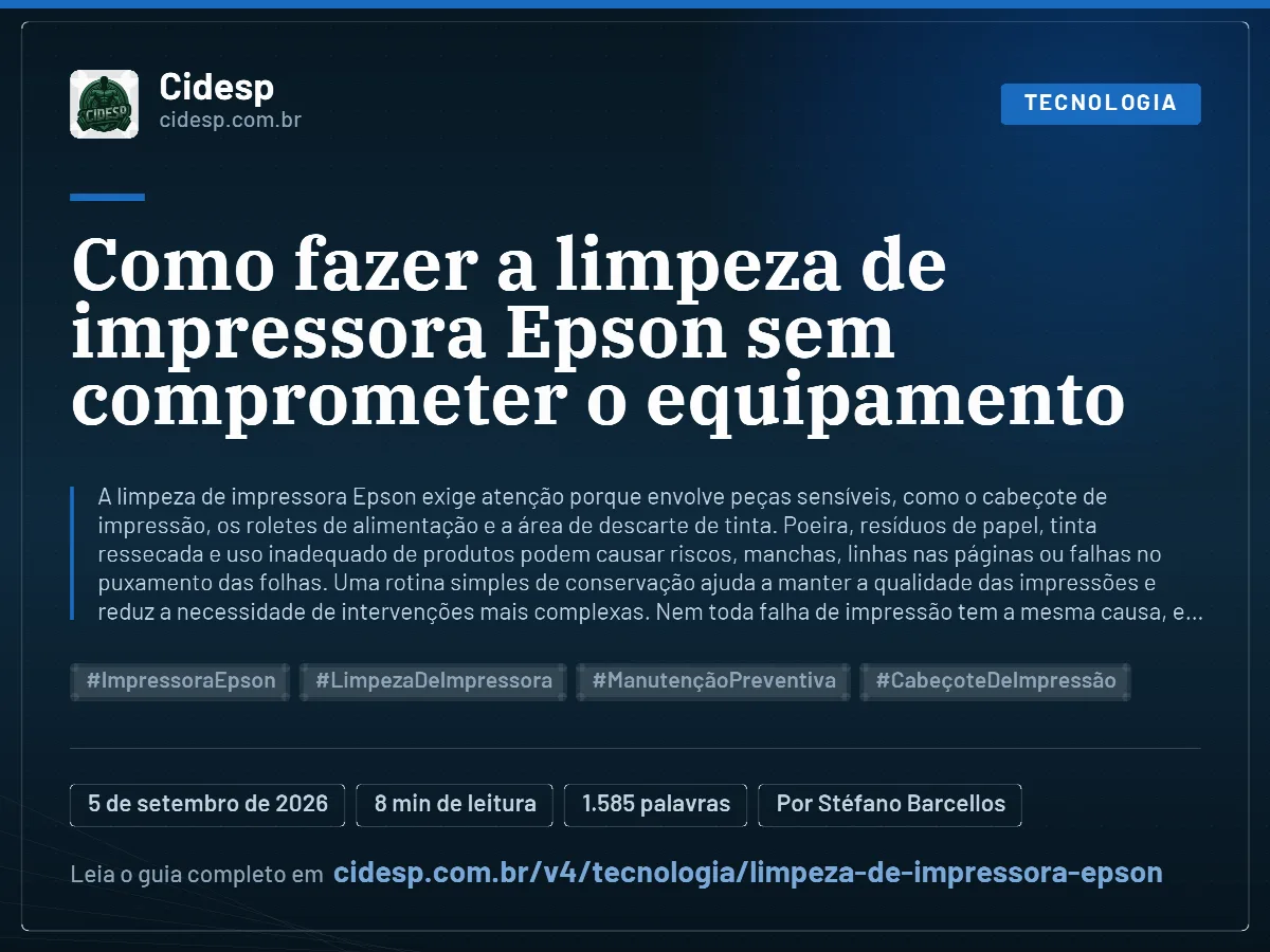 Cartão do artigo “Como fazer a limpeza de impressora Epson sem comprometer o equipamento”, com resumo, data de publicação e endereço da página.