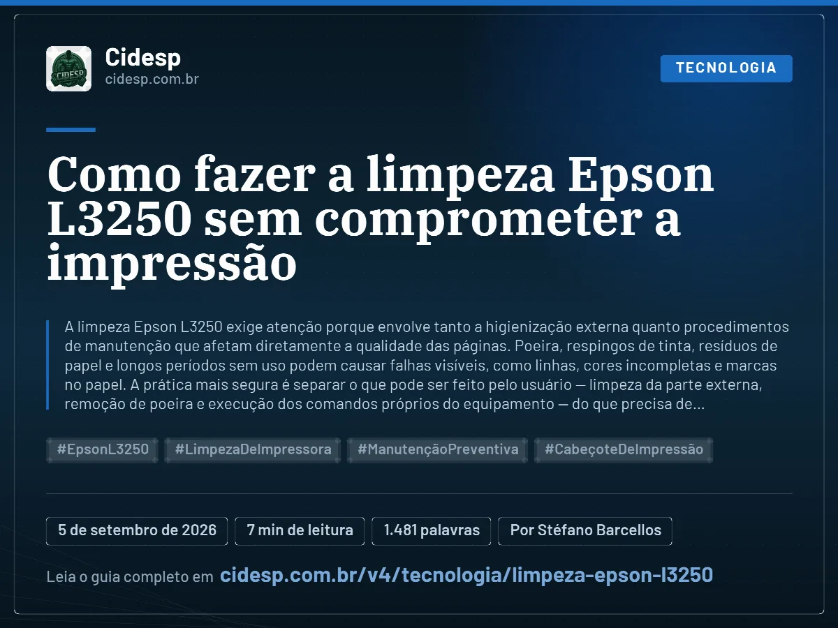 Cartão do artigo “Como fazer a limpeza Epson L3250 sem comprometer a impressão”, com resumo, data de publicação e endereço da página.