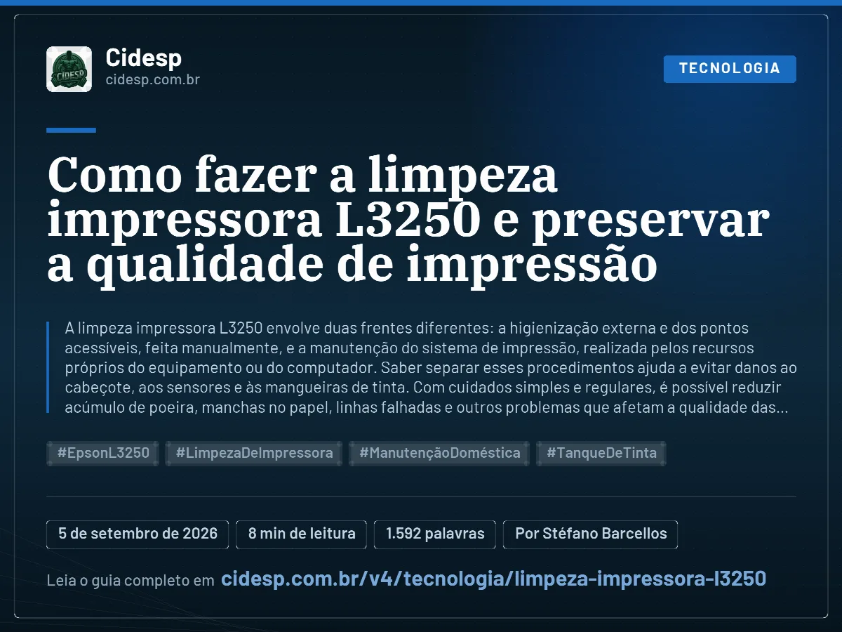 Cartão do artigo “Como fazer a limpeza impressora L3250 e preservar a qualidade de impressão”, com resumo, data de publicação e endereço da página.