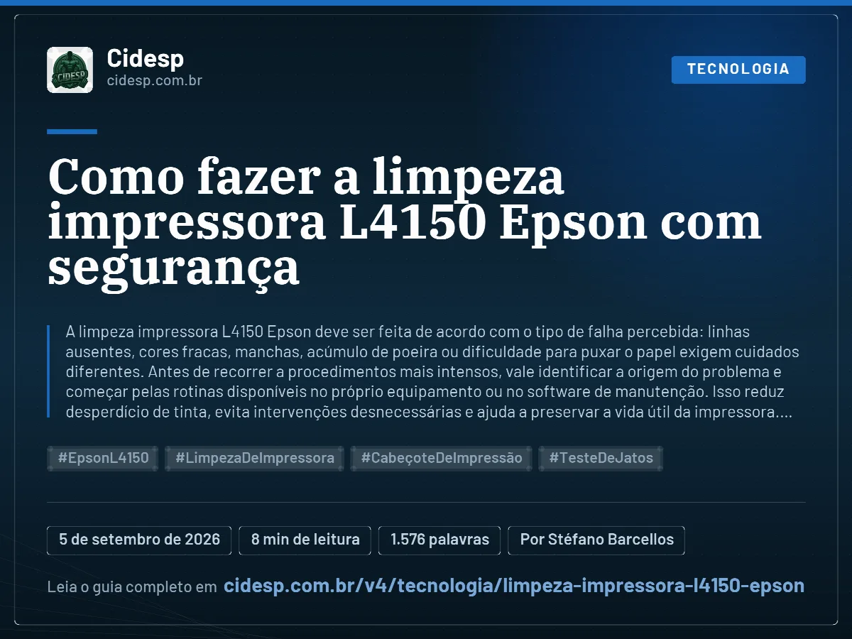 Cartão do artigo “Como fazer a limpeza impressora L4150 Epson com segurança”, com resumo, data de publicação e endereço da página.