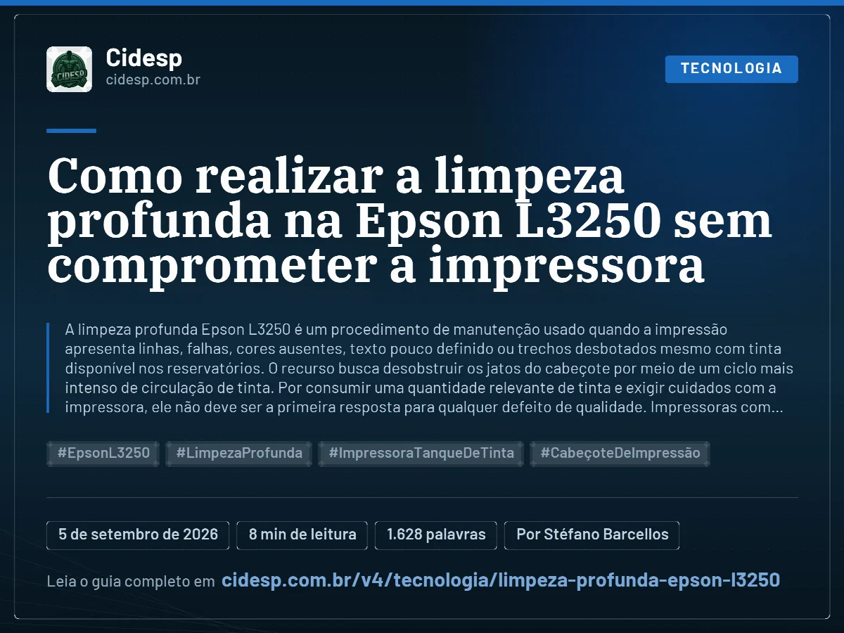 Cartão do artigo “Como realizar a limpeza profunda na Epson L3250 sem comprometer a impressora”, com resumo, data de publicação e endereço da página.