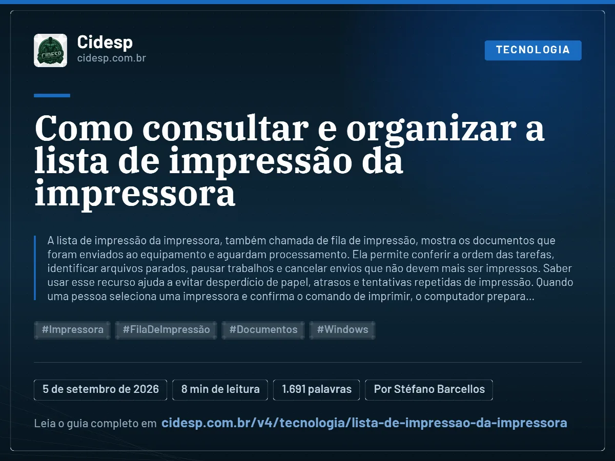 Cartão do artigo “Como consultar e organizar a lista de impressão da impressora”, com resumo, data de publicação e endereço da página.