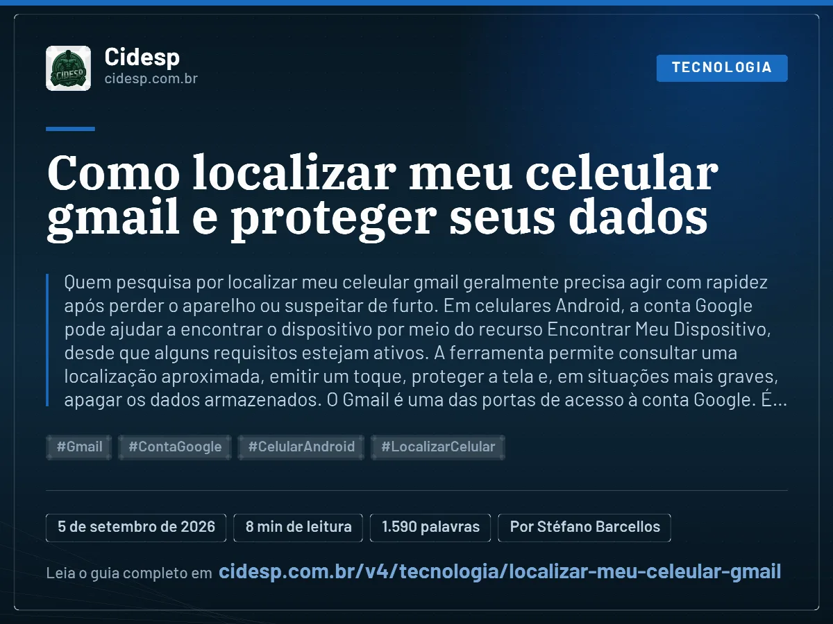 Cartão do artigo “Como localizar meu celeular gmail e proteger seus dados”, com resumo, data de publicação e endereço da página.