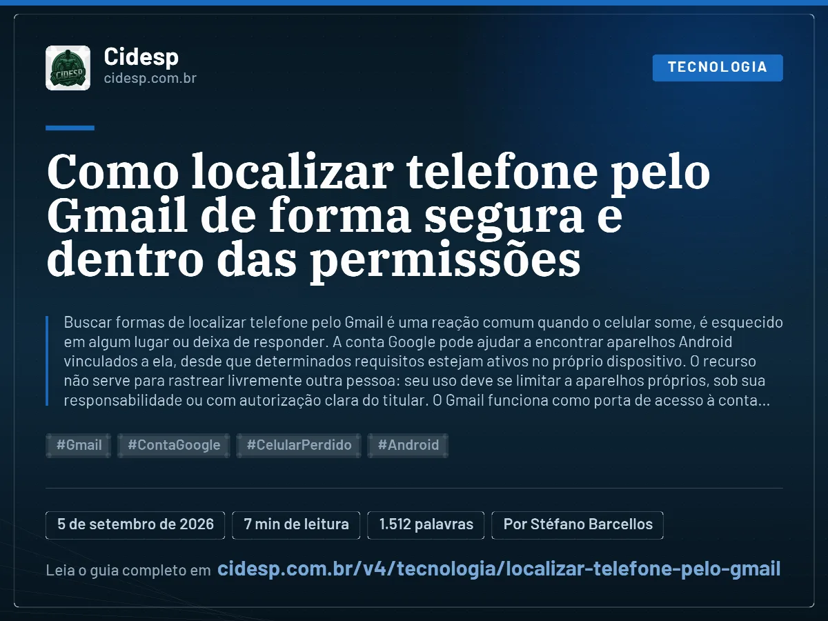 Cartão do artigo “Como localizar telefone pelo Gmail de forma segura e dentro das permissões”, com resumo, data de publicação e endereço da página.