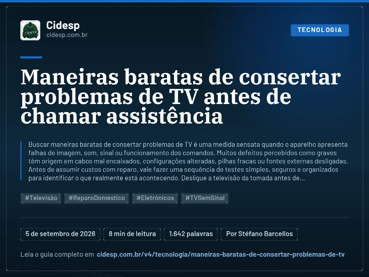 Cartão do artigo “Maneiras baratas de consertar problemas de TV antes de chamar assistência”, com resumo, data de publicação e endereço da página.