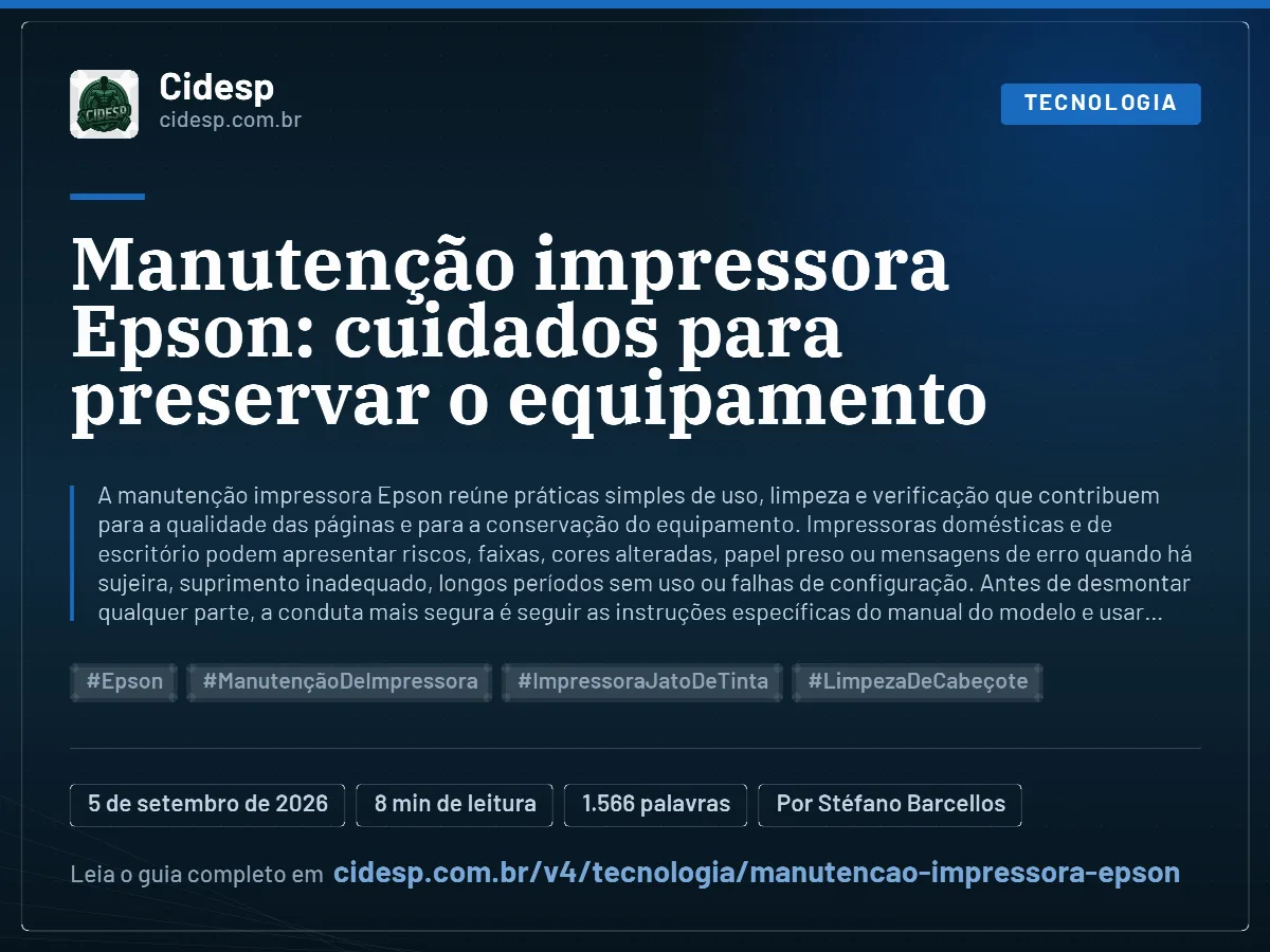Cartão do artigo “Manutenção impressora Epson: cuidados para preservar o equipamento”, com resumo, data de publicação e endereço da página.