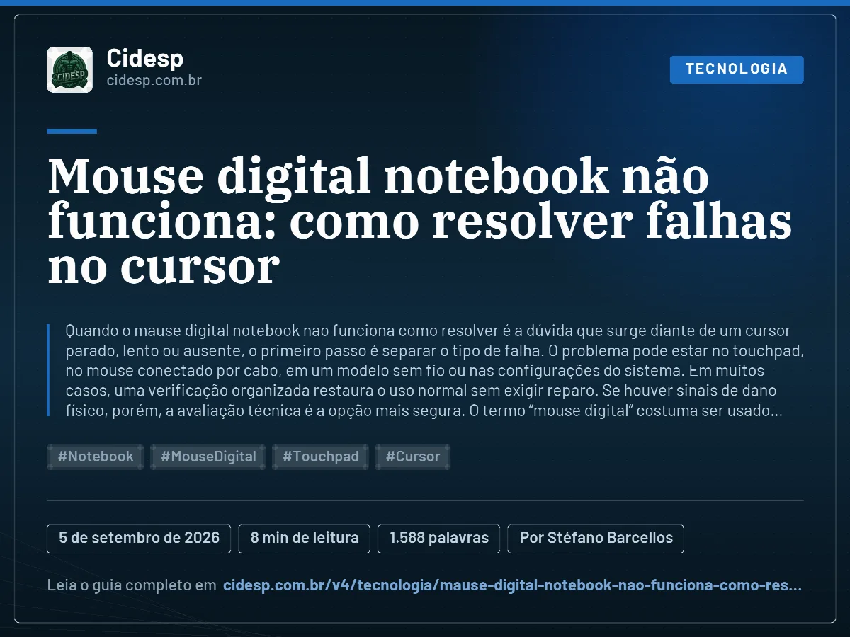 Cartão do artigo “Mouse digital notebook não funciona: como resolver falhas no cursor”, com resumo, data de publicação e endereço da página.