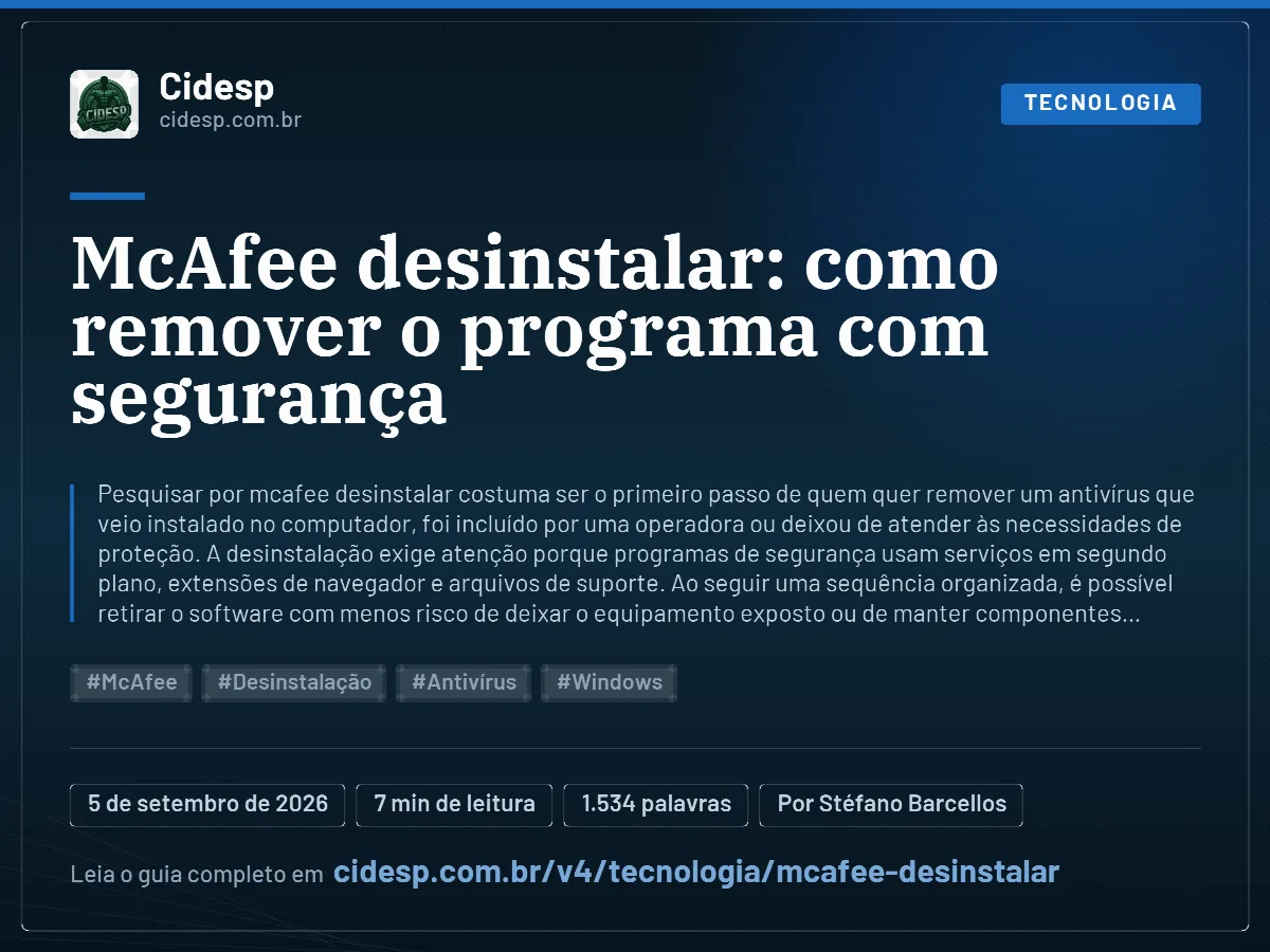 Cartão do artigo “McAfee desinstalar: como remover o programa com segurança”, com resumo, data de publicação e endereço da página.