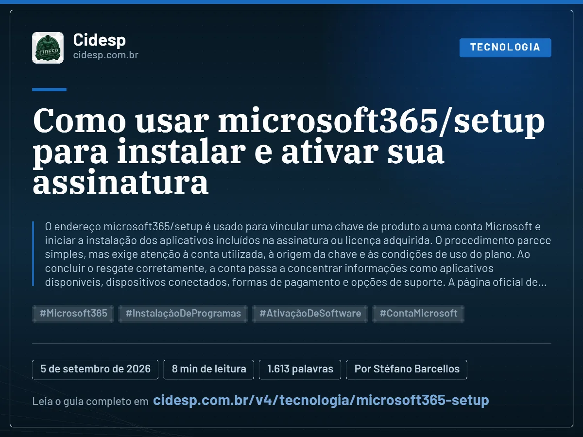 Cartão do artigo “Como usar microsoft365/setup para instalar e ativar sua assinatura”, com resumo, data de publicação e endereço da página.