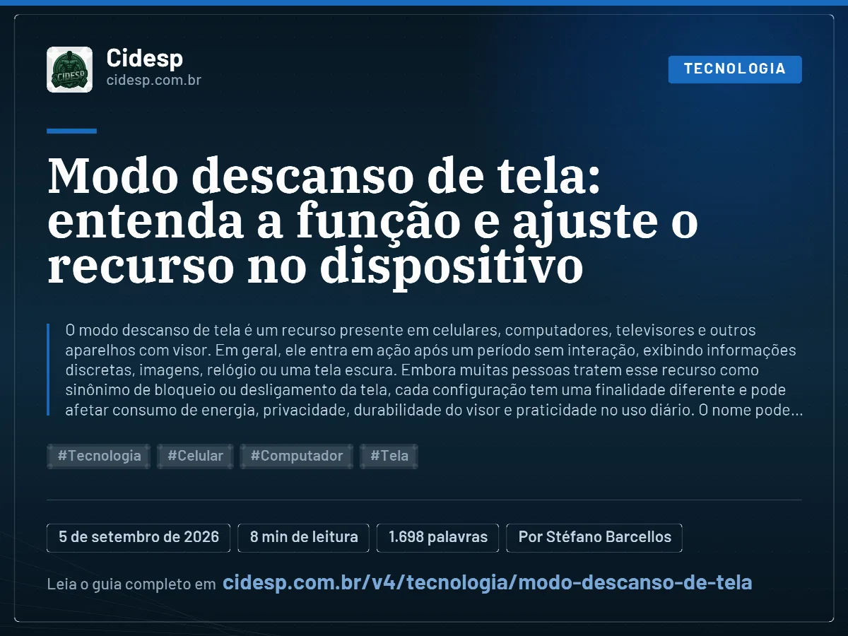 Cartão do artigo “Modo descanso de tela: entenda a função e ajuste o recurso no dispositivo”, com resumo, data de publicação e endereço da página.