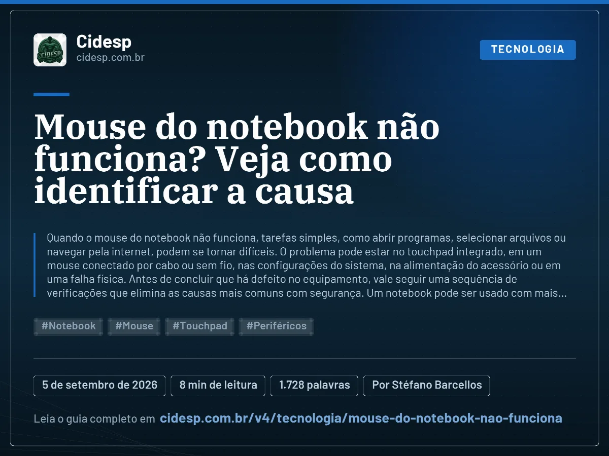 Cartão do artigo “Mouse do notebook não funciona? Veja como identificar a causa”, com resumo, data de publicação e endereço da página.