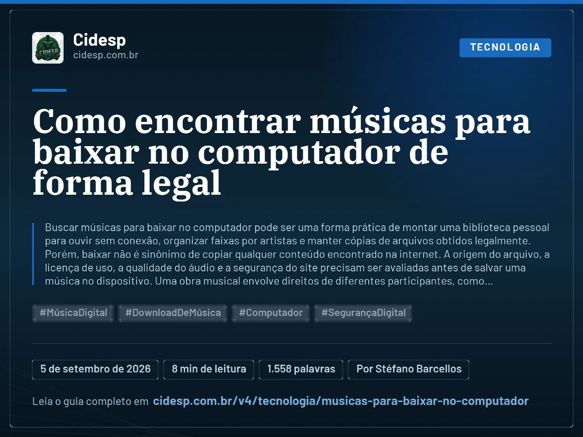 Cartão do artigo “Como encontrar músicas para baixar no computador de forma legal”, com resumo, data de publicação e endereço da página.