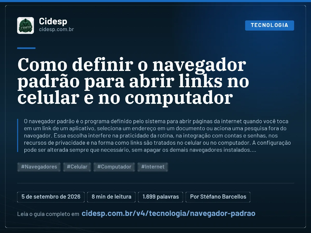 Cartão do artigo “Como definir o navegador padrão para abrir links no celular e no computador”, com resumo, data de publicação e endereço da página.