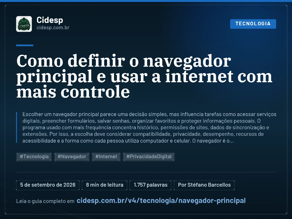 Cartão do artigo “Como definir o navegador principal e usar a internet com mais controle”, com resumo, data de publicação e endereço da página.