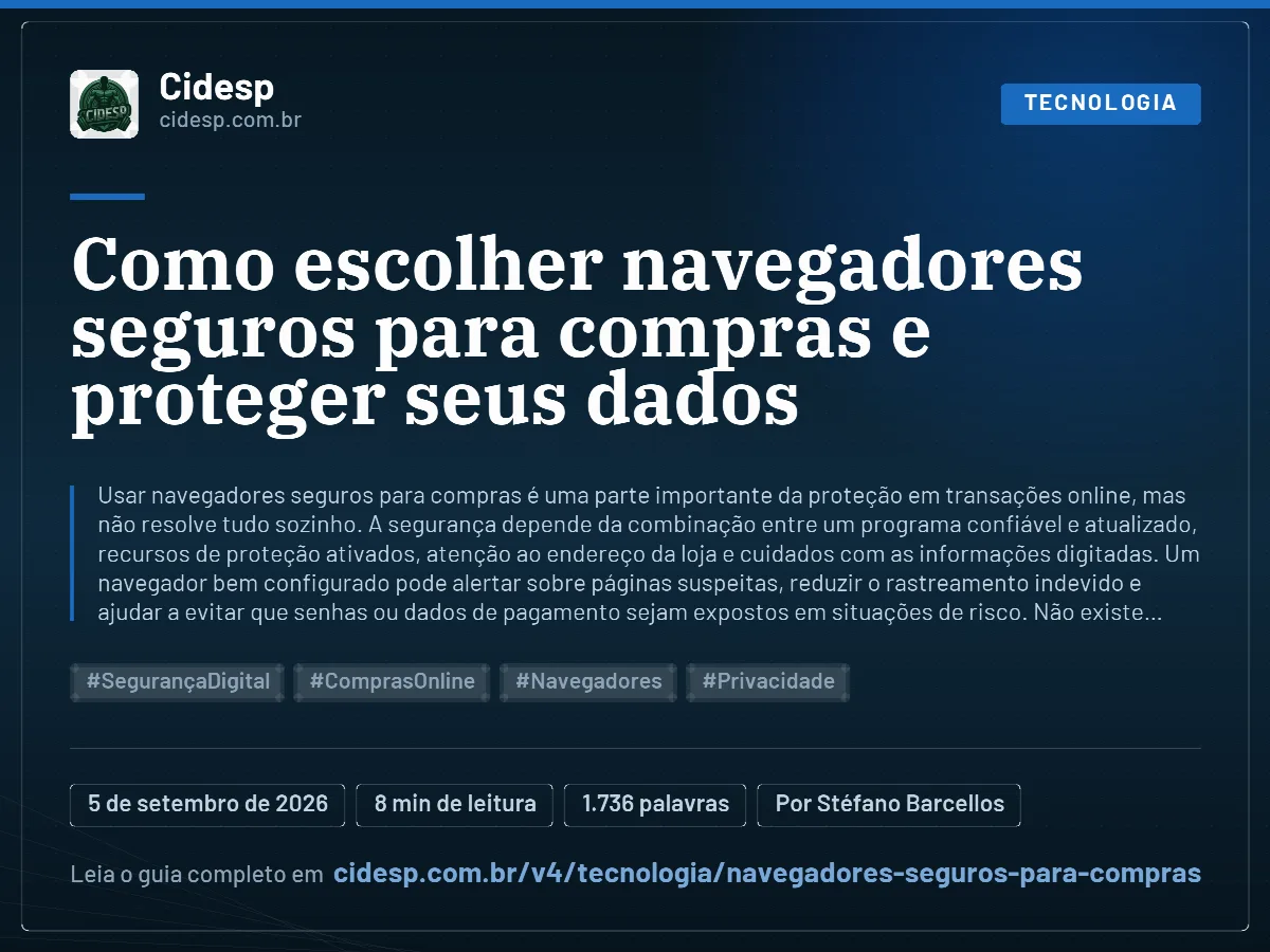 Cartão do artigo “Como escolher navegadores seguros para compras e proteger seus dados”, com resumo, data de publicação e endereço da página.