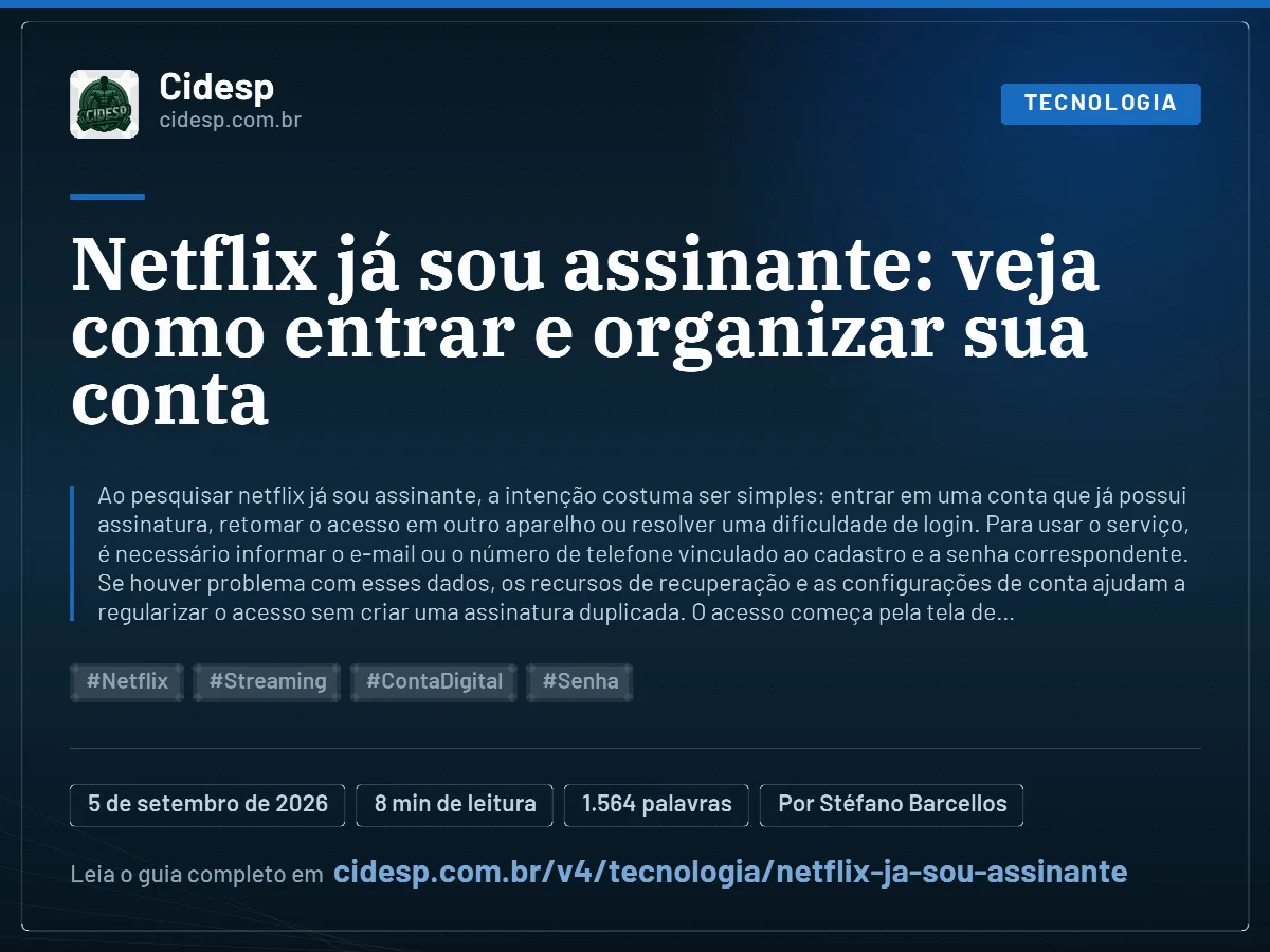 Cartão do artigo “Netflix já sou assinante: veja como entrar e organizar sua conta”, com resumo, data de publicação e endereço da página.