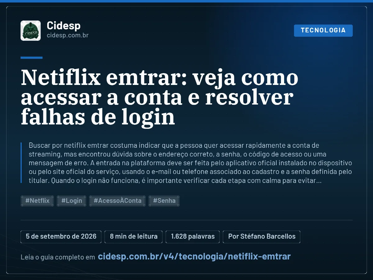 Cartão do artigo “Netiflix emtrar: veja como acessar a conta e resolver falhas de login”, com resumo, data de publicação e endereço da página.