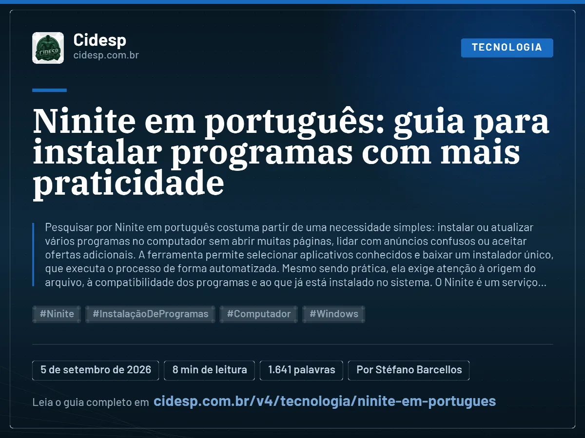 Cartão do artigo “Ninite em português: guia para instalar programas com mais praticidade”, com resumo, data de publicação e endereço da página.