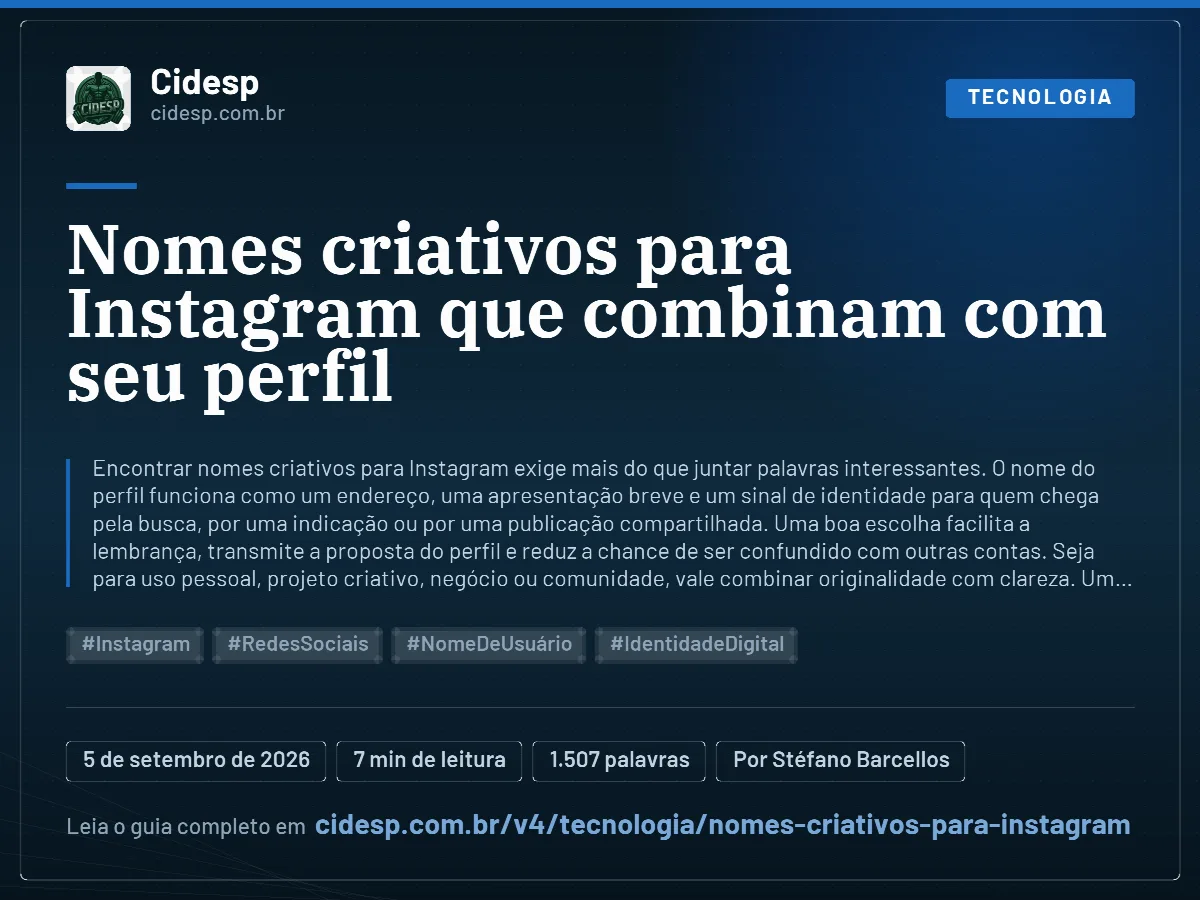 Cartão do artigo “Nomes criativos para Instagram que combinam com seu perfil”, com resumo, data de publicação e endereço da página.
