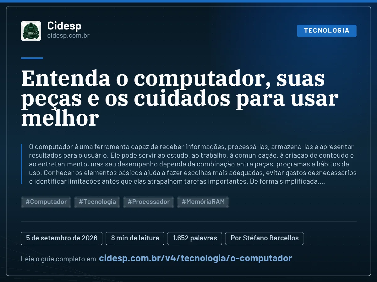 Cartão do artigo “Entenda o computador, suas peças e os cuidados para usar melhor”, com resumo, data de publicação e endereço da página.