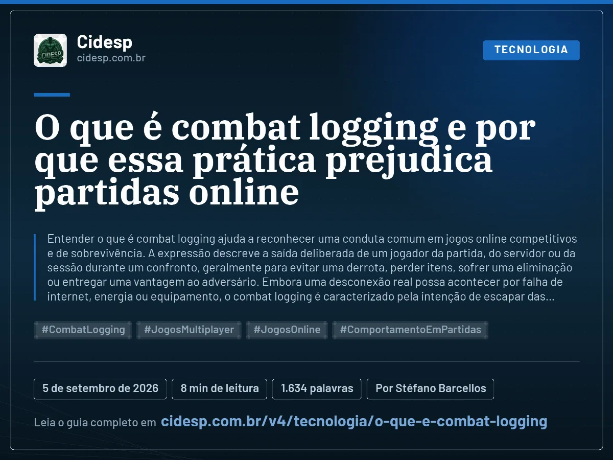 Cartão do artigo “O que é combat logging e por que essa prática prejudica partidas online”, com resumo, data de publicação e endereço da página.