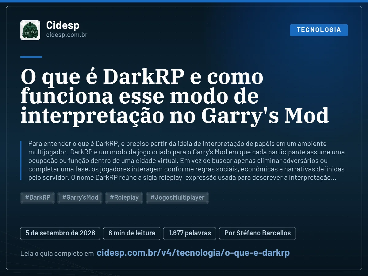 Cartão do artigo “O que é DarkRP e como funciona esse modo de interpretação no Garry's Mod”, com resumo, data de publicação e endereço da página.
