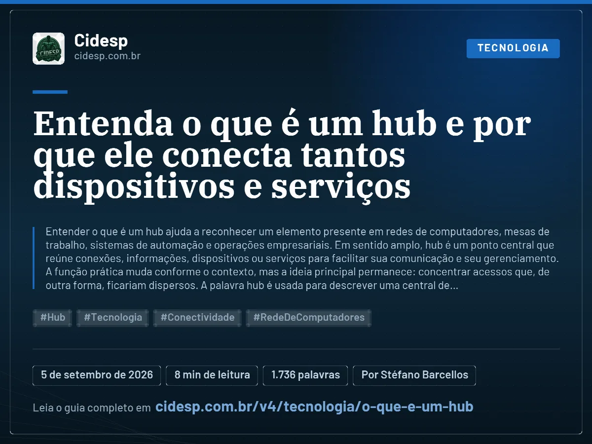 Cartão do artigo “Entenda o que é um hub e por que ele conecta tantos dispositivos e serviços”, com resumo, data de publicação e endereço da página.