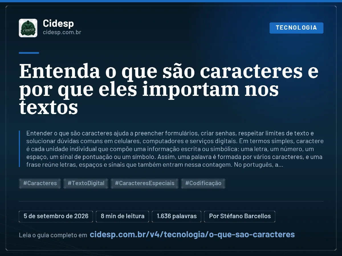 Cartão do artigo “Entenda o que são caracteres e por que eles importam nos textos”, com resumo, data de publicação e endereço da página.
