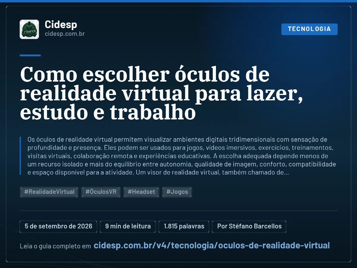 Cartão do artigo “Como escolher óculos de realidade virtual para lazer, estudo e trabalho”, com resumo, data de publicação e endereço da página.