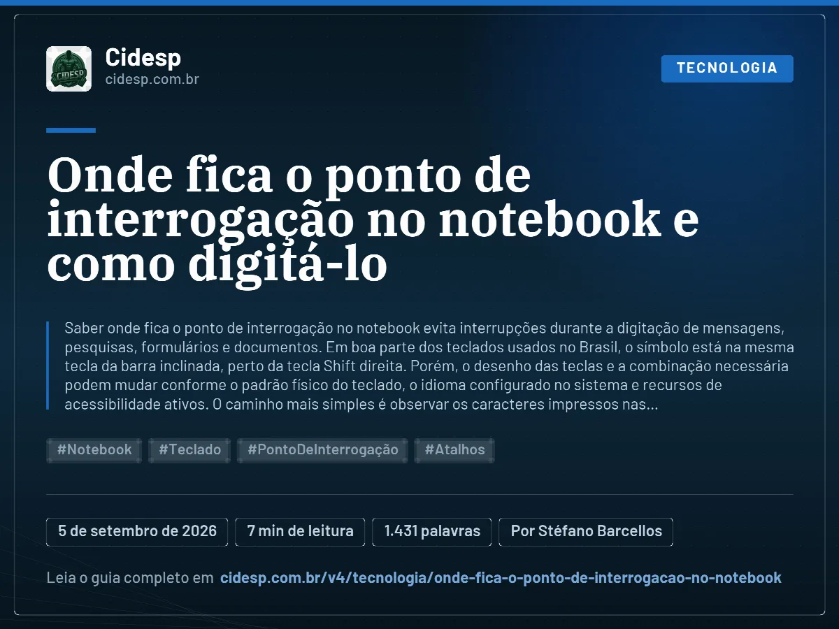 Cartão do artigo “Onde fica o ponto de interrogação no notebook e como digitá-lo”, com resumo, data de publicação e endereço da página.