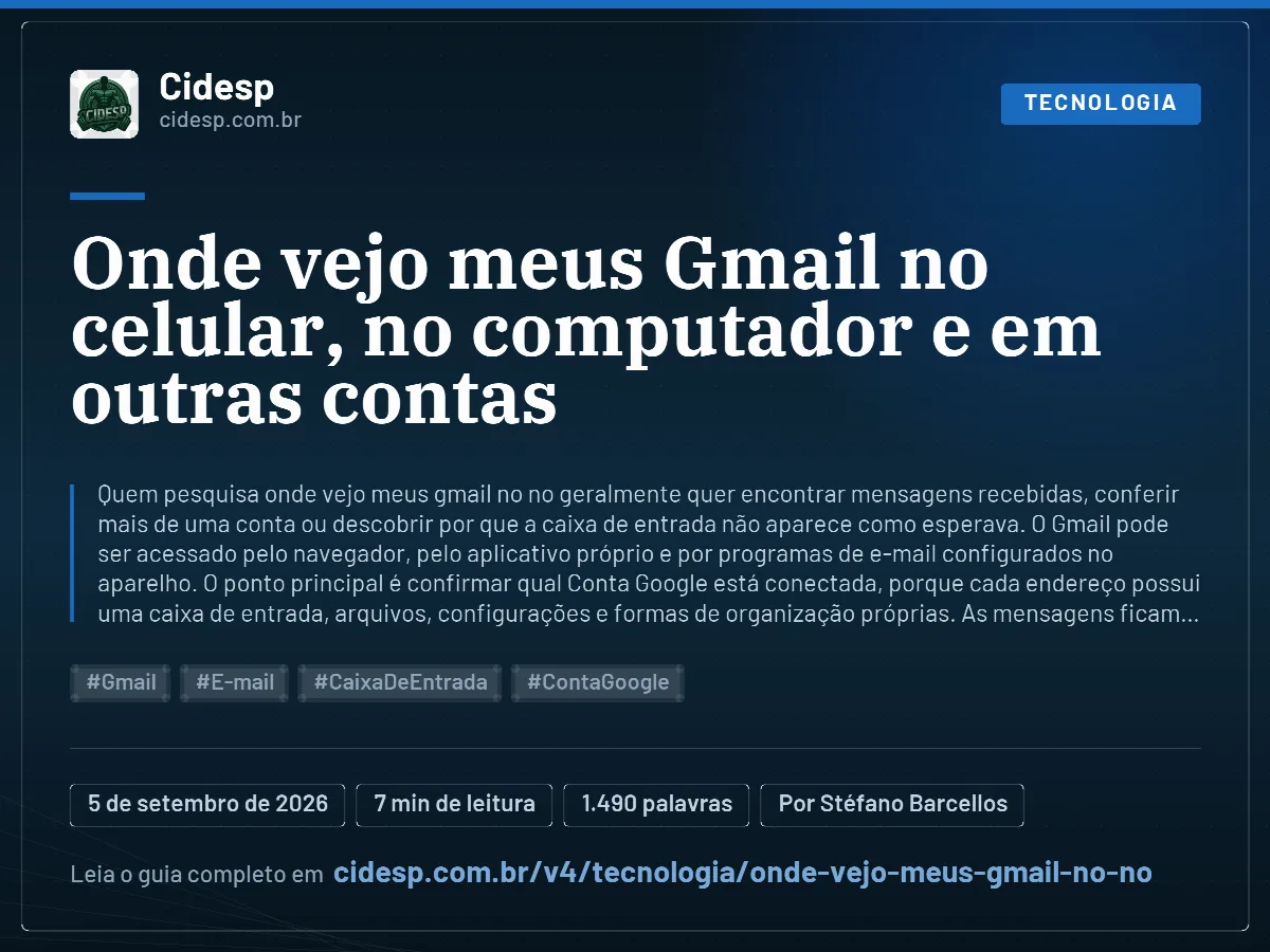 Cartão do artigo “Onde vejo meus Gmail no celular, no computador e em outras contas”, com resumo, data de publicação e endereço da página.