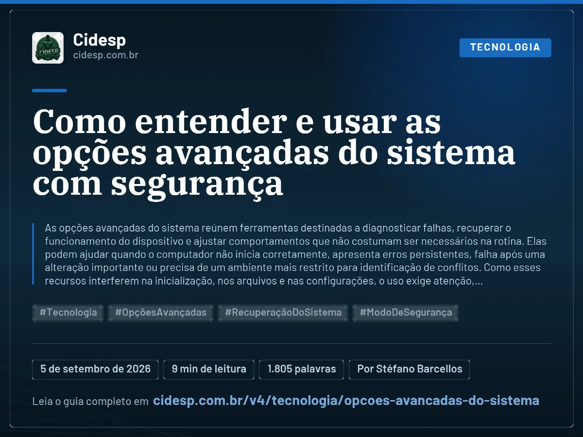 Cartão do artigo “Como entender e usar as opções avançadas do sistema com segurança”, com resumo, data de publicação e endereço da página.