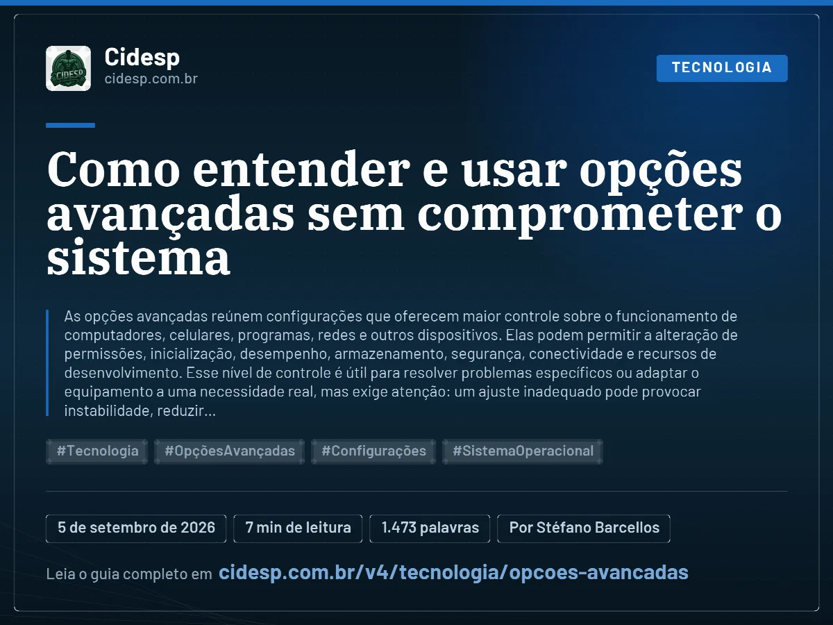 Cartão do artigo “Como entender e usar opções avançadas sem comprometer o sistema”, com resumo, data de publicação e endereço da página.