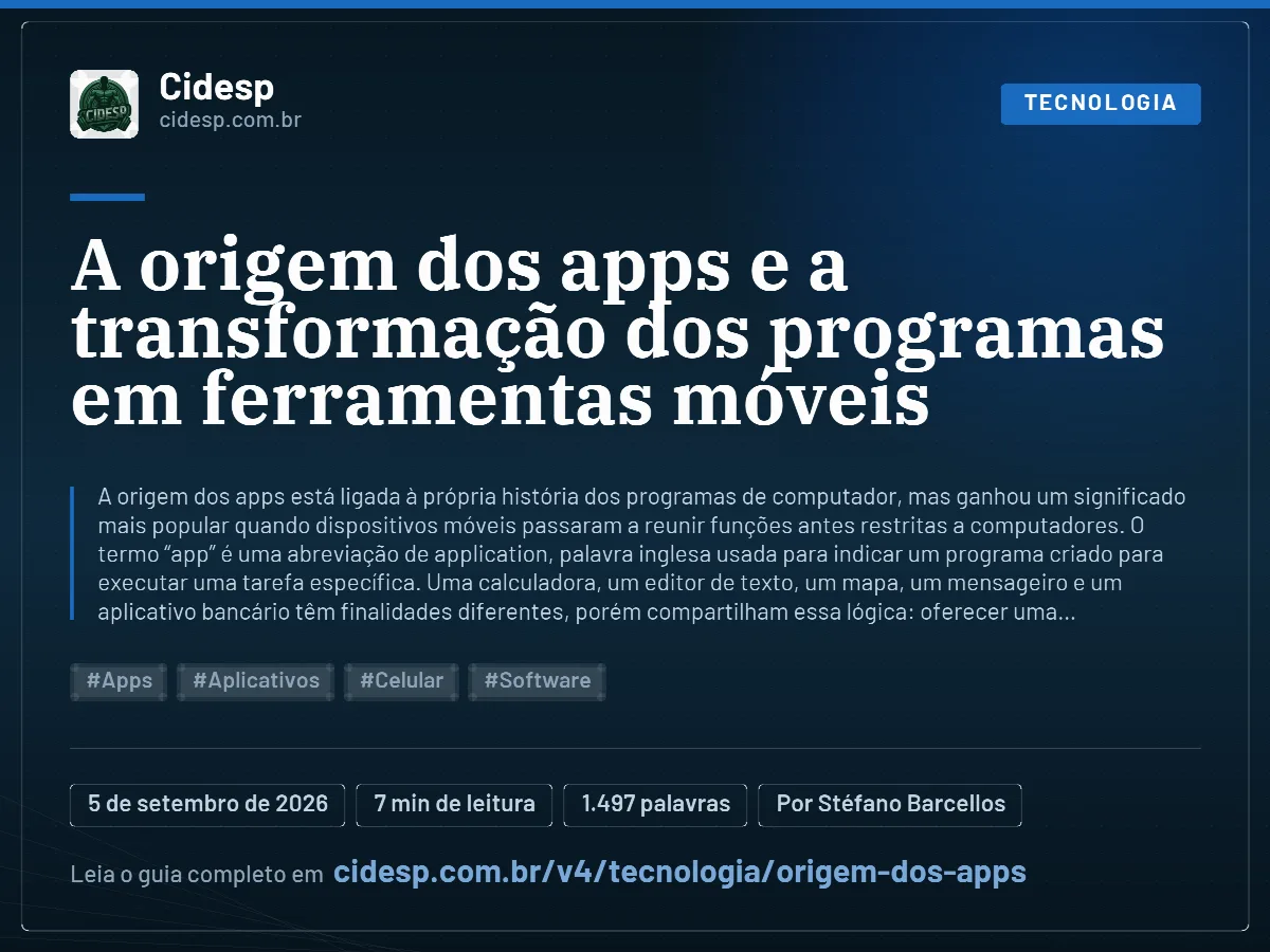 Cartão do artigo “A origem dos apps e a transformação dos programas em ferramentas móveis”, com resumo, data de publicação e endereço da página.
