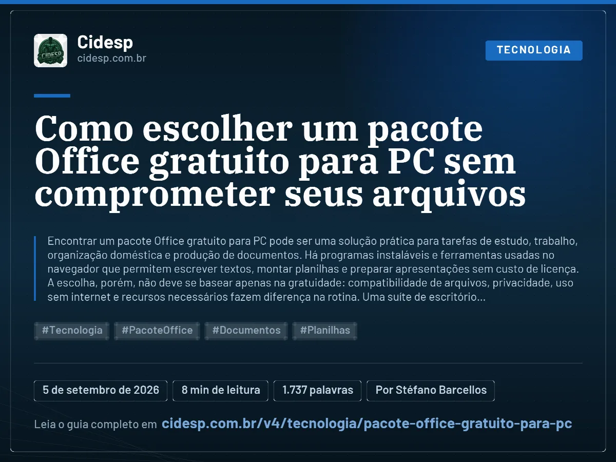 Cartão do artigo “Como escolher um pacote Office gratuito para PC sem comprometer seus arquivos”, com resumo, data de publicação e endereço da página.