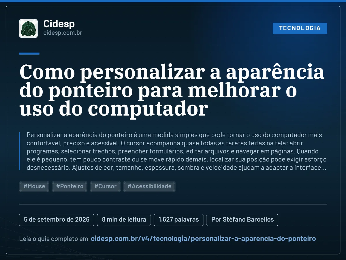 Cartão do artigo “Como personalizar a aparência do ponteiro para melhorar o uso do computador”, com resumo, data de publicação e endereço da página.