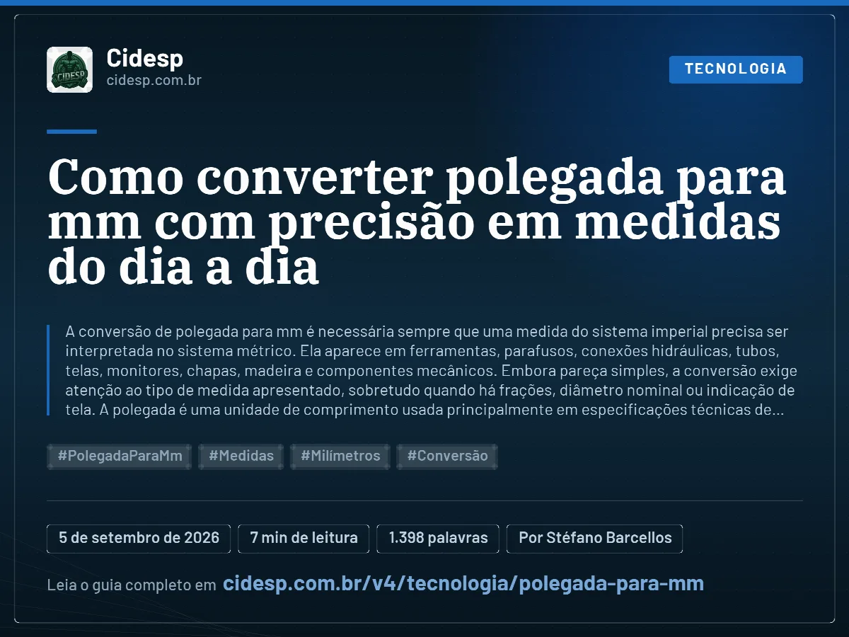 Cartão do artigo “Como converter polegada para mm com precisão em medidas do dia a dia”, com resumo, data de publicação e endereço da página.