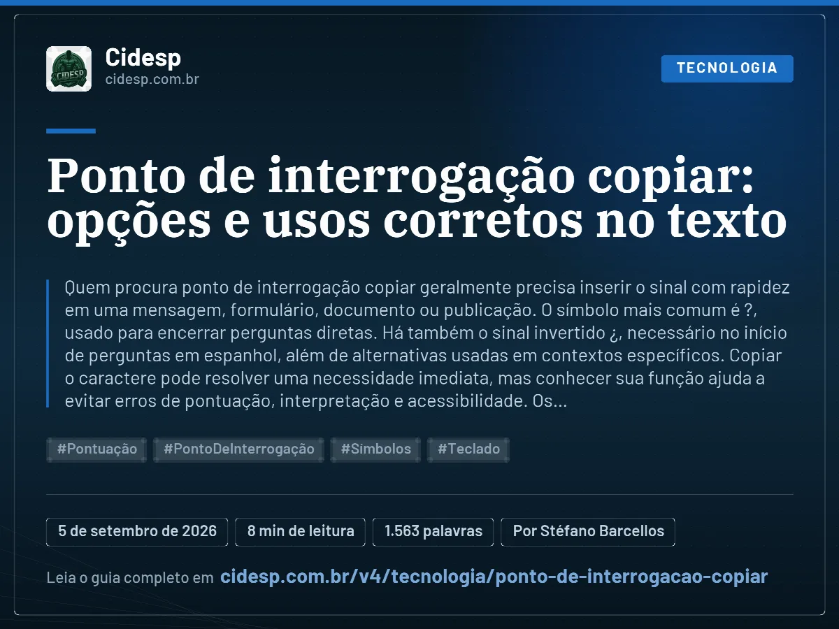 Cartão do artigo “Ponto de interrogação copiar: opções e usos corretos no texto”, com resumo, data de publicação e endereço da página.