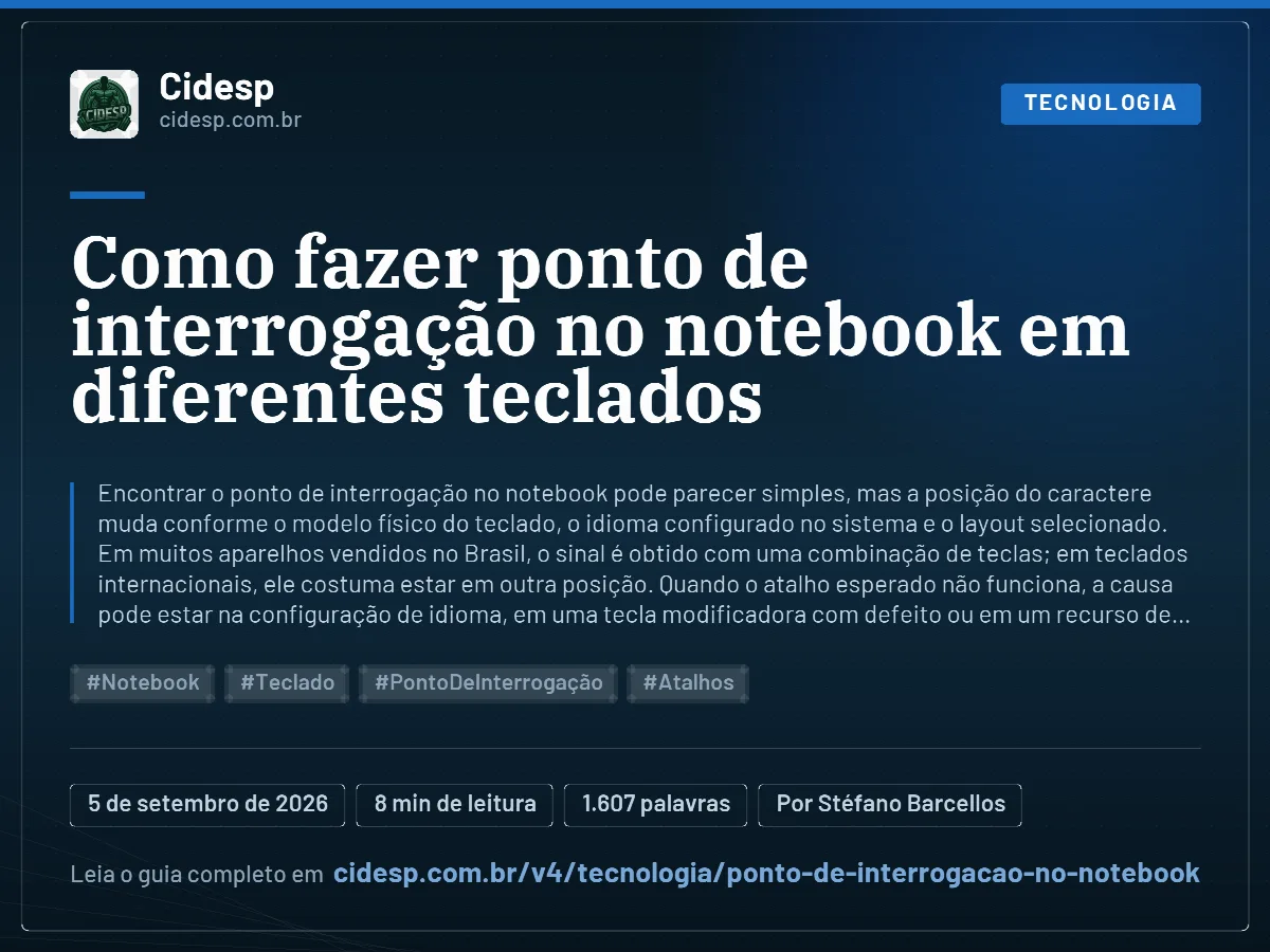 Cartão do artigo “Como fazer ponto de interrogação no notebook em diferentes teclados”, com resumo, data de publicação e endereço da página.