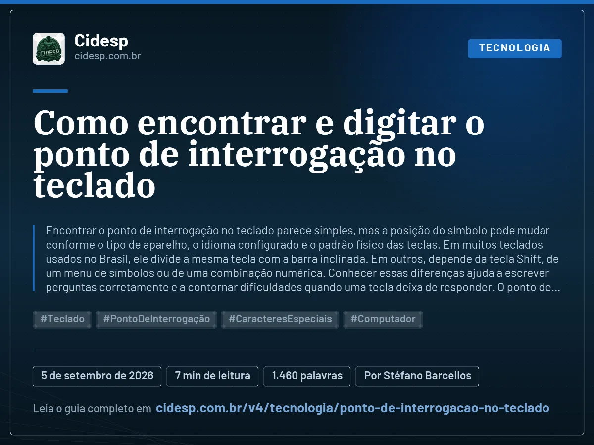 Cartão do artigo “Como encontrar e digitar o ponto de interrogação no teclado”, com resumo, data de publicação e endereço da página.