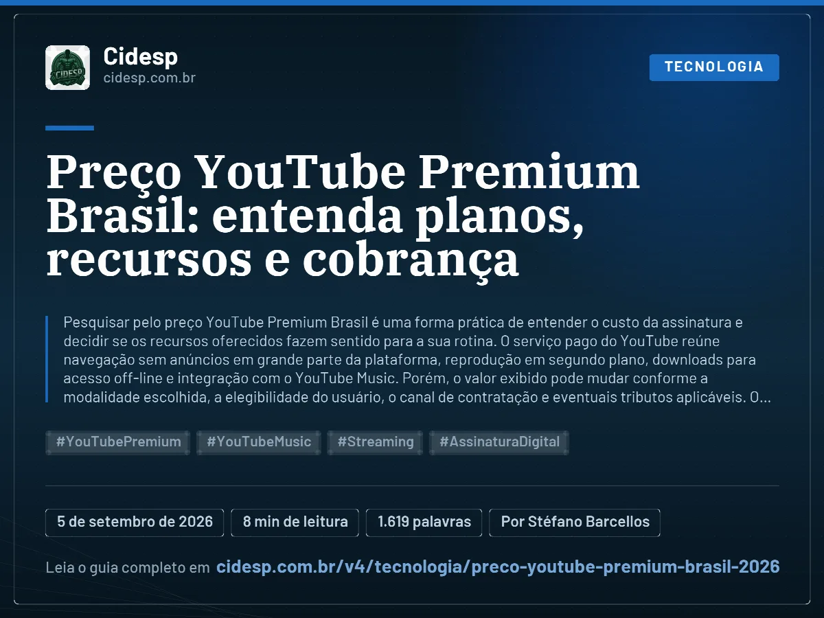 Cartão do artigo “Preço YouTube Premium Brasil: entenda planos, recursos e cobrança”, com resumo, data de publicação e endereço da página.