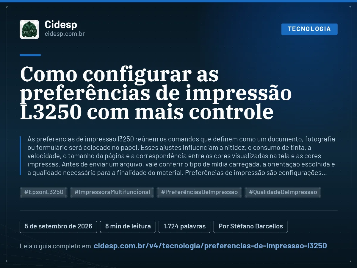Cartão do artigo “Como configurar as preferências de impressão L3250 com mais controle”, com resumo, data de publicação e endereço da página.